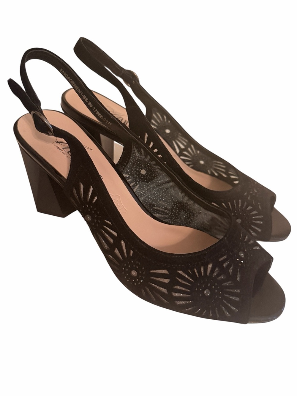 Azura "Engagement" Black Laser Cut Suede Leather Block Heel Slingback Shoe 8.5